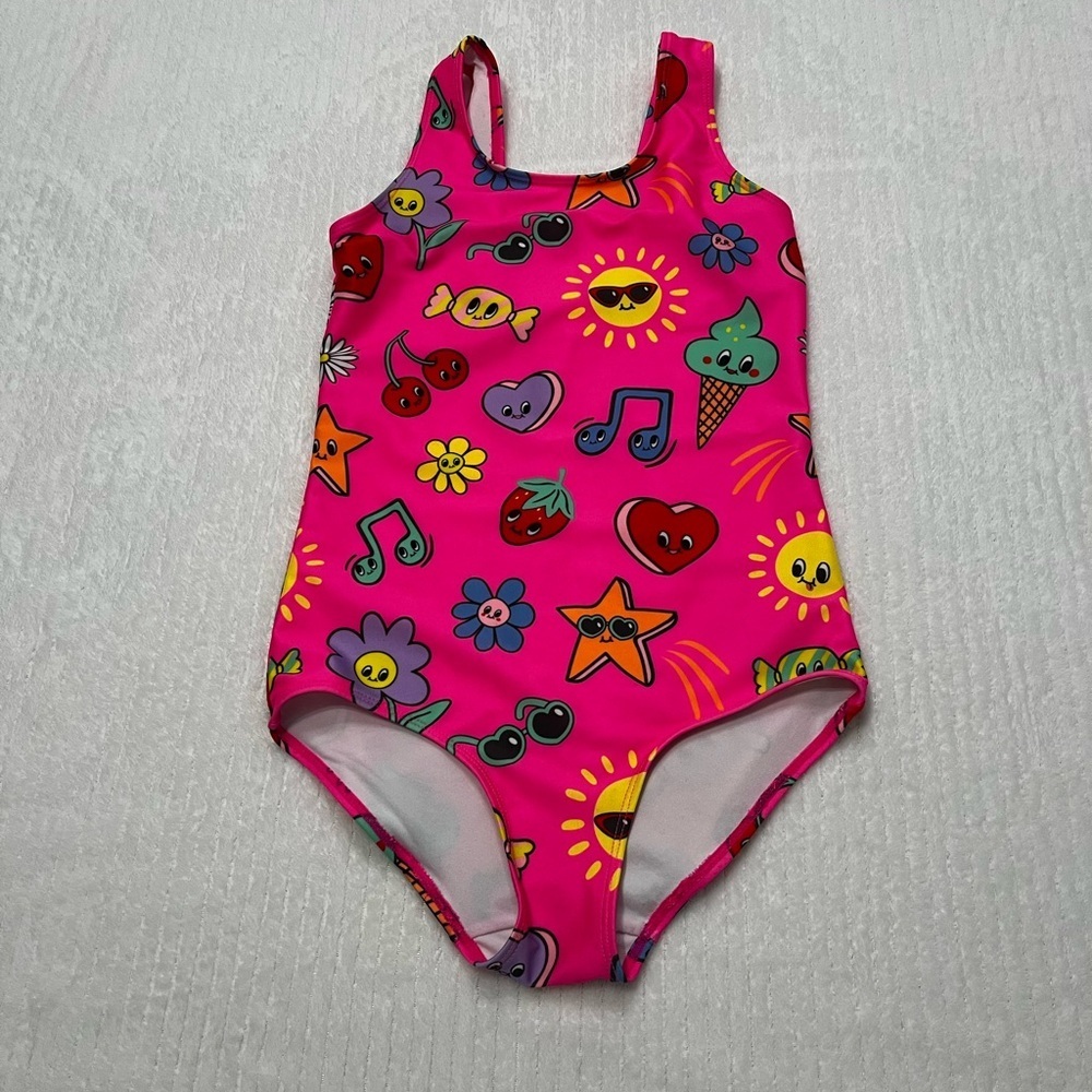 H&M Bright Pink Kids Swim One Piece with Fun Icons